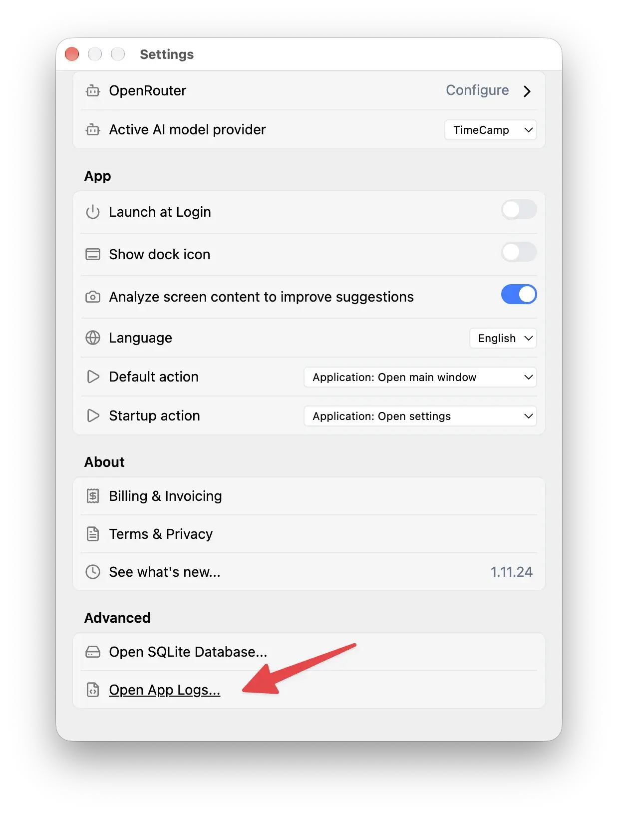 Open App Logs in Settings