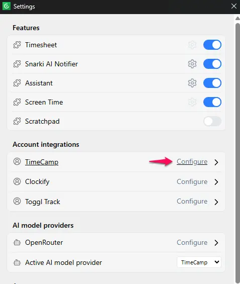 Configure TimeCamp account on Windows